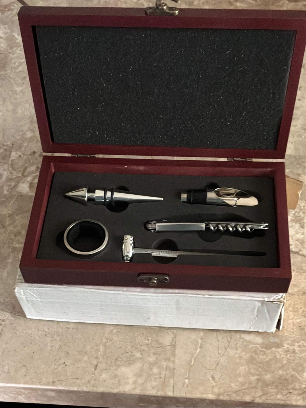 Wine  Gift Set - Silver Accessories with Cherry Wood Box